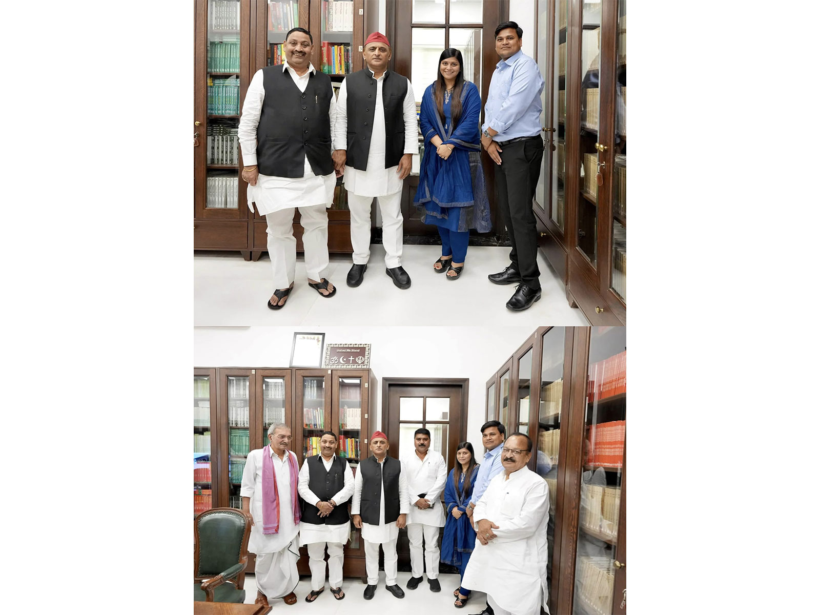 Former BJP MP Dharmendra Kashyap meets Samajwadi Party chief Akhilesh Yadav in Lucknow and joins the SP in the presence of his daughter Kirti Kashyap and party leaders. (Photo: Samajwadi Party)