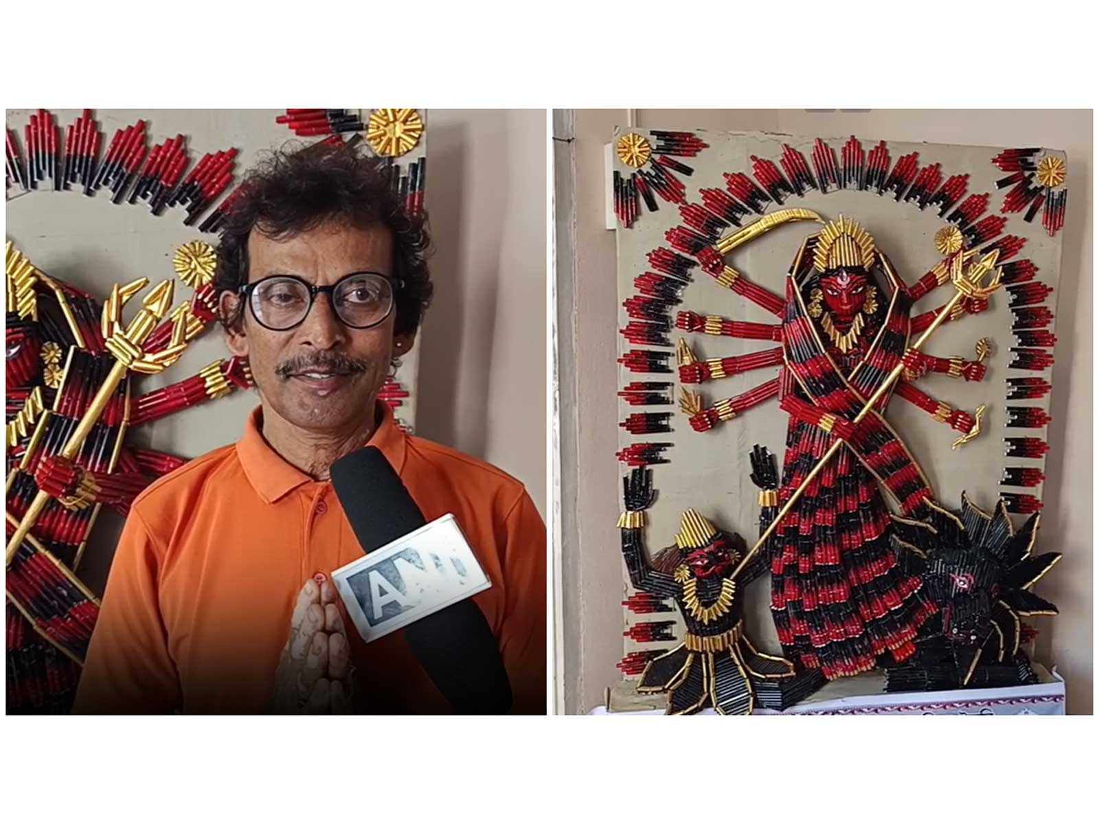 Artist Pradip Kumar Ghosh with a Durga idol made from discarded pens (Photo/ANI)