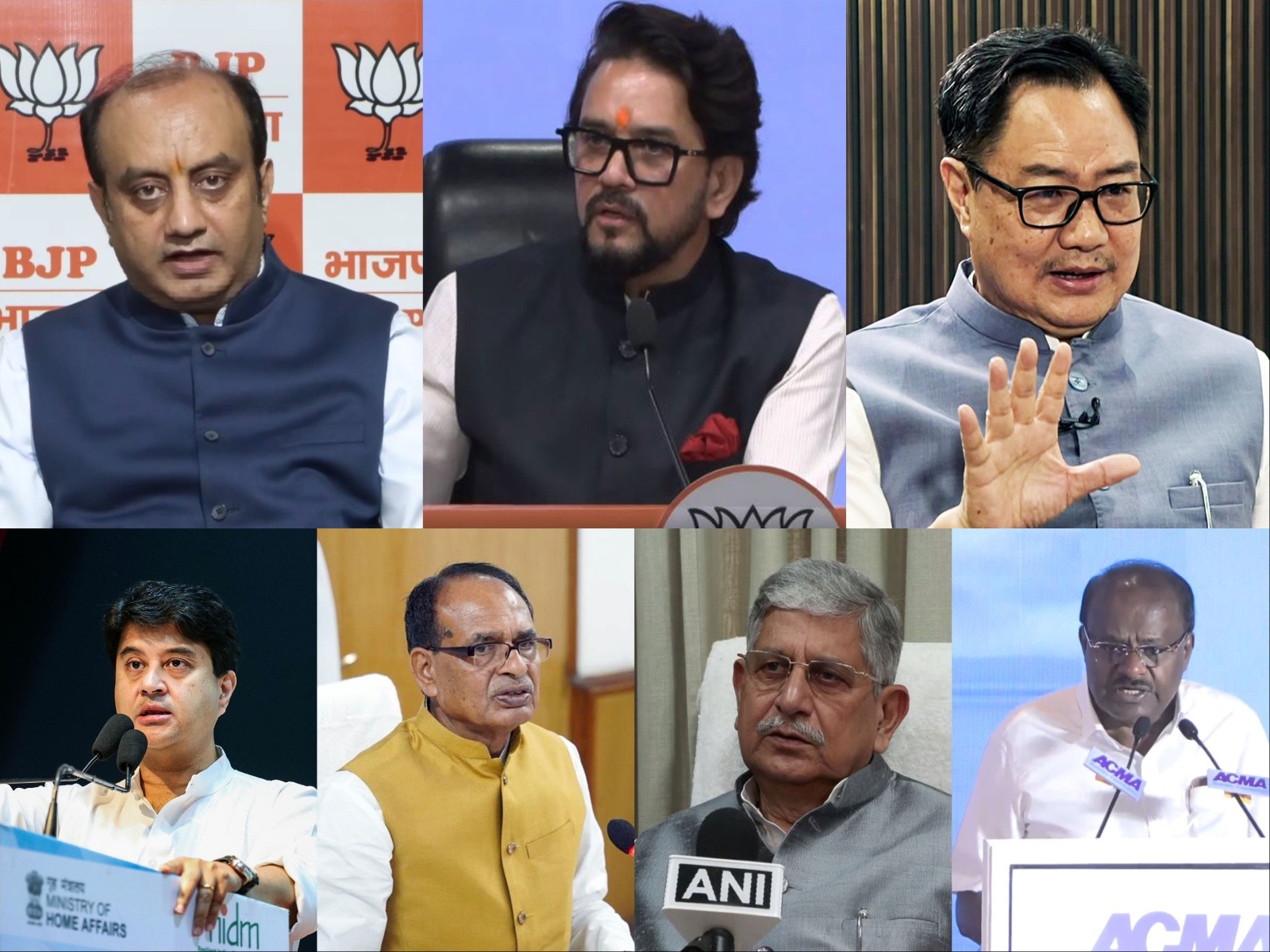 BJP National Spokesperson Sudhanshu Trivedi, BJP leader Anurag Thakur, Union Parliamentary Affairs Minister Kiren Rijiju, Union Minister Jyotiraditya Scindia, Union Minister Shivraj Singh Chouhan, Union Minister Lalan Singh, Union Minister HD Kumaraswamy (Photo/ANI)