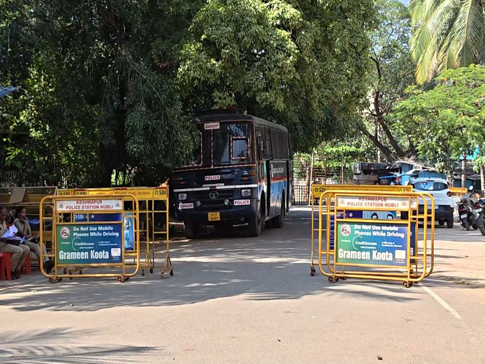 Heavy police deployment and barricades outside Union Minister Pralhad Joshi's residence (Photo/ANI)