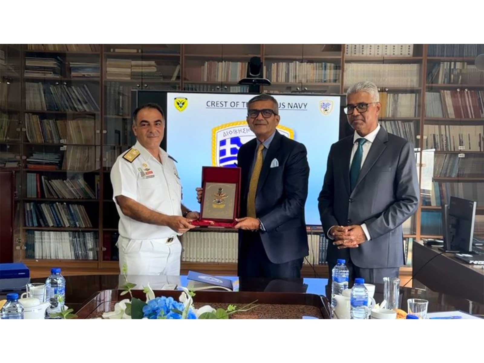 Defence Secretary Rajesh Kumar Singh with Commander of the Cyprus Naval Command Commodore Nicolaos Luca and India's High Commissioner to Cyprus Manish during the bilateral engagement. (Photo: X/@IndiainCyprus)