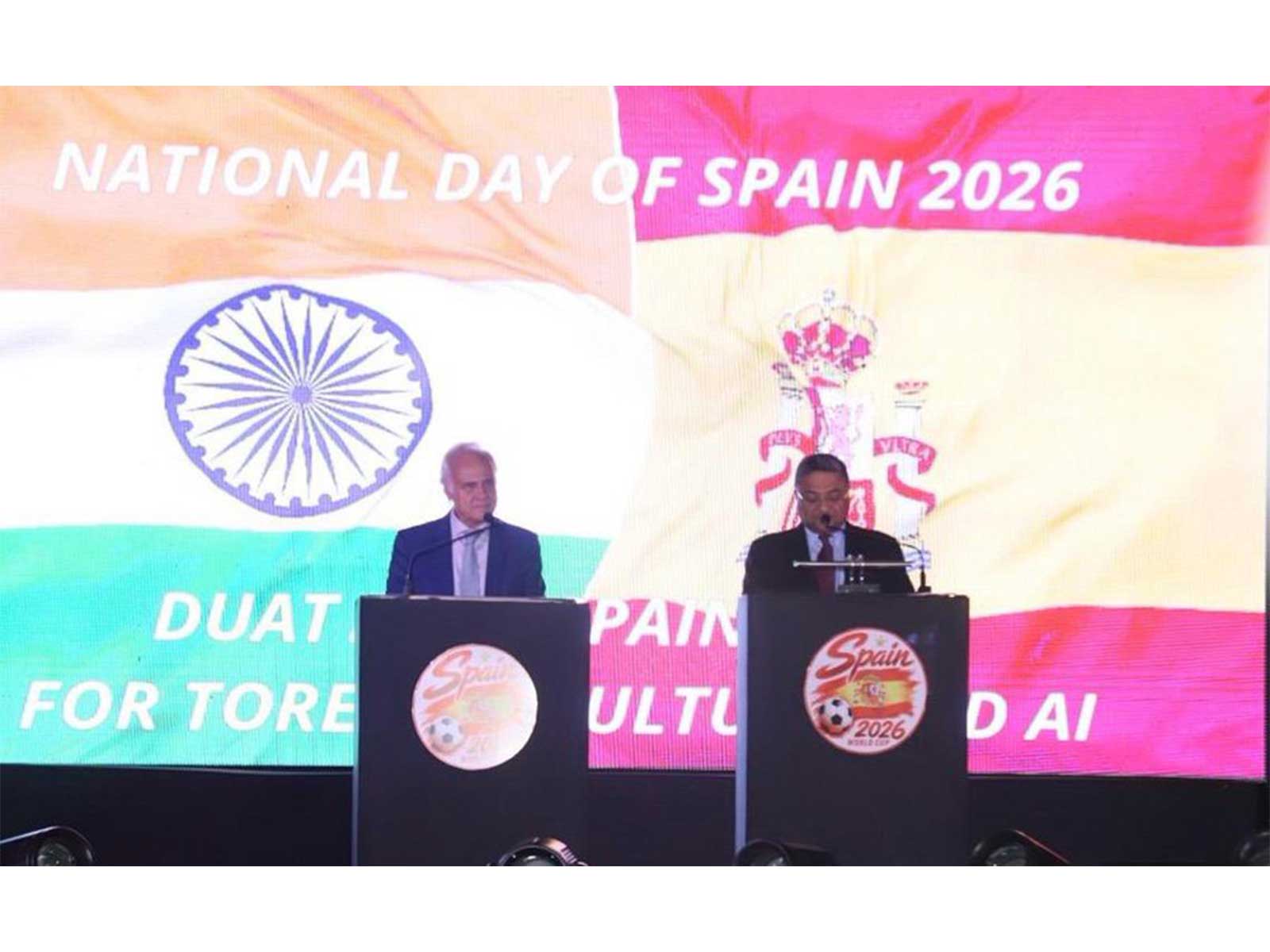 MEA Secretary (West) Sibi George (on the right) speaking at Spain's National Day celebrations in New Delhi. (Photo: X/@MEAIndia)