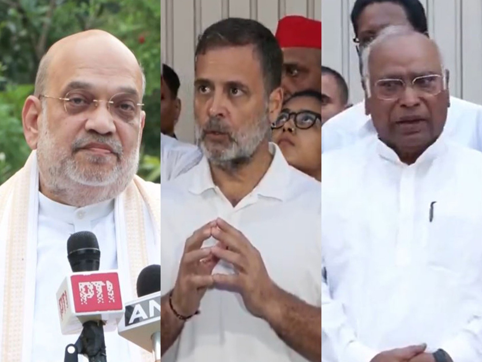 Union Home Minister Amit Shah (left) Congress leaders Rahul Gandhi (center) and Mallikarjun Kharge (right) (Photo/ANI)