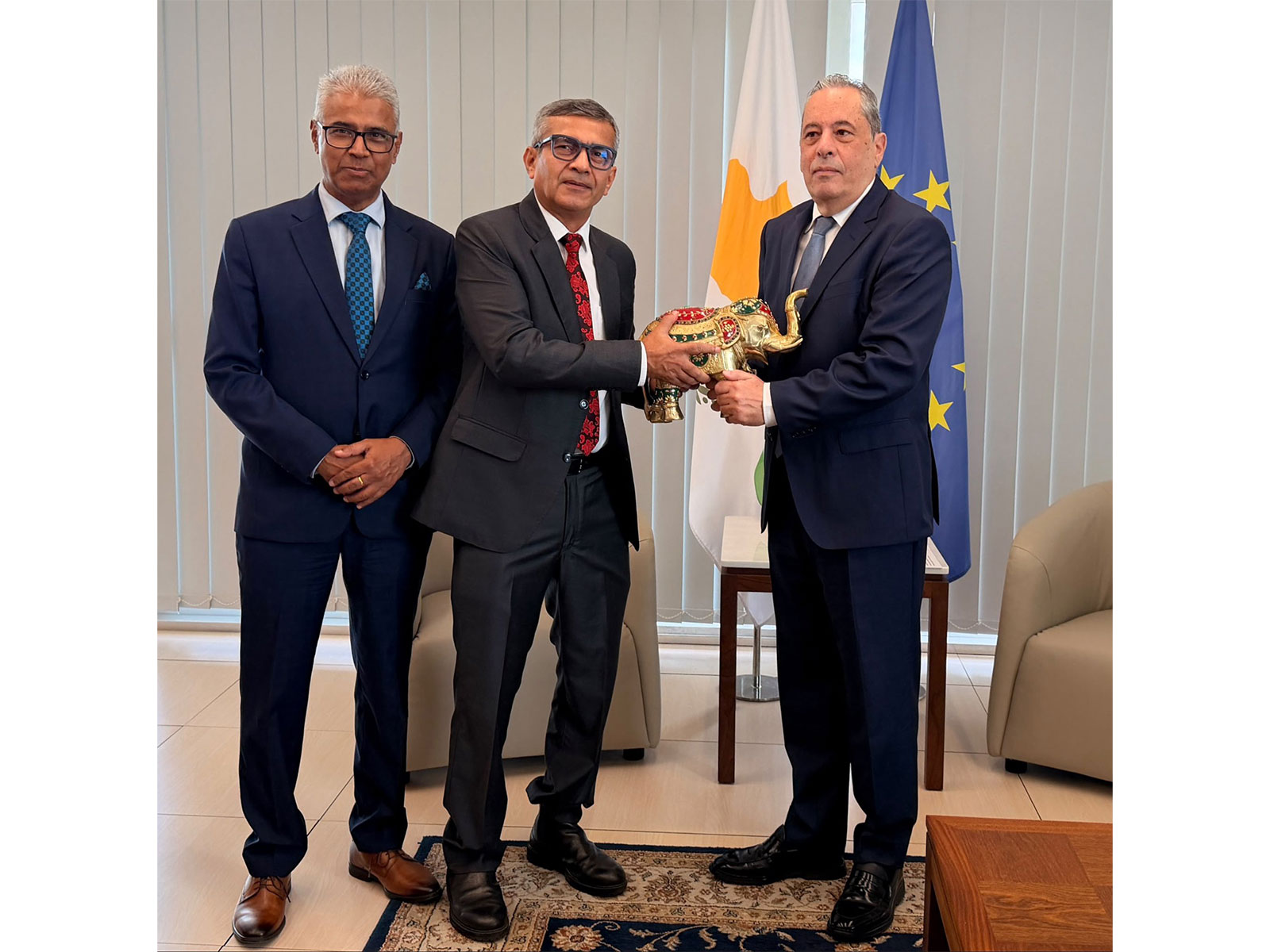 Defence Secretary Rajesh Kumar Singh presenting a traditional memento to Cypriot Defence Minister Vasilis Palmas during their meeting in Nicosia, accompanied by India's High Commissioner to Cyprus, Manish. (Photo: X/@SpokespersonMoD) Defence Secretary Rajesh Kumar Singh presenting a traditional memento to Cypriot Defence Minister Vasilis Palmas during their meeting in Nicosia, accompanied by India's High Commissioner to Cyprus, Manish. (Photo: X/@SpokespersonMoD)