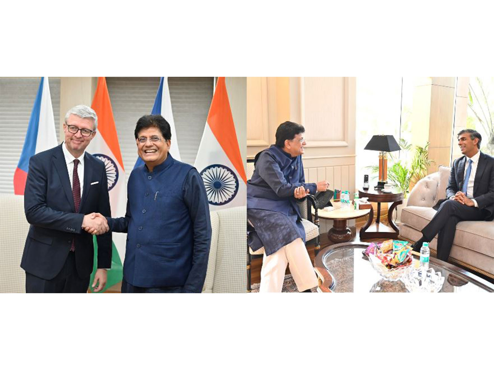 Union Minister of Commerce and Industry Piyush Goyal holds separate meetings with Czech Republic Deputy Prime Minister and Minister of Industry and Trade Karel Havlíček and former UK Prime Minister Rishi Sunak (Photo/@PiyushGoyal)