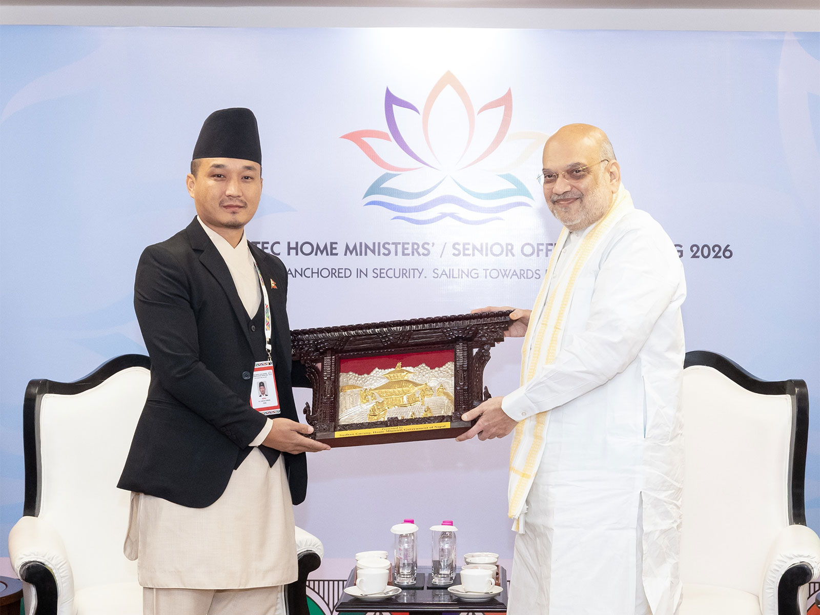 Union Home Minister Amit Shah meets Nepal's Home Minister Sudhan Gurung on the sidelines of the first BIMSTEC Home Ministers' Meeting (Photo/@AmitShah)