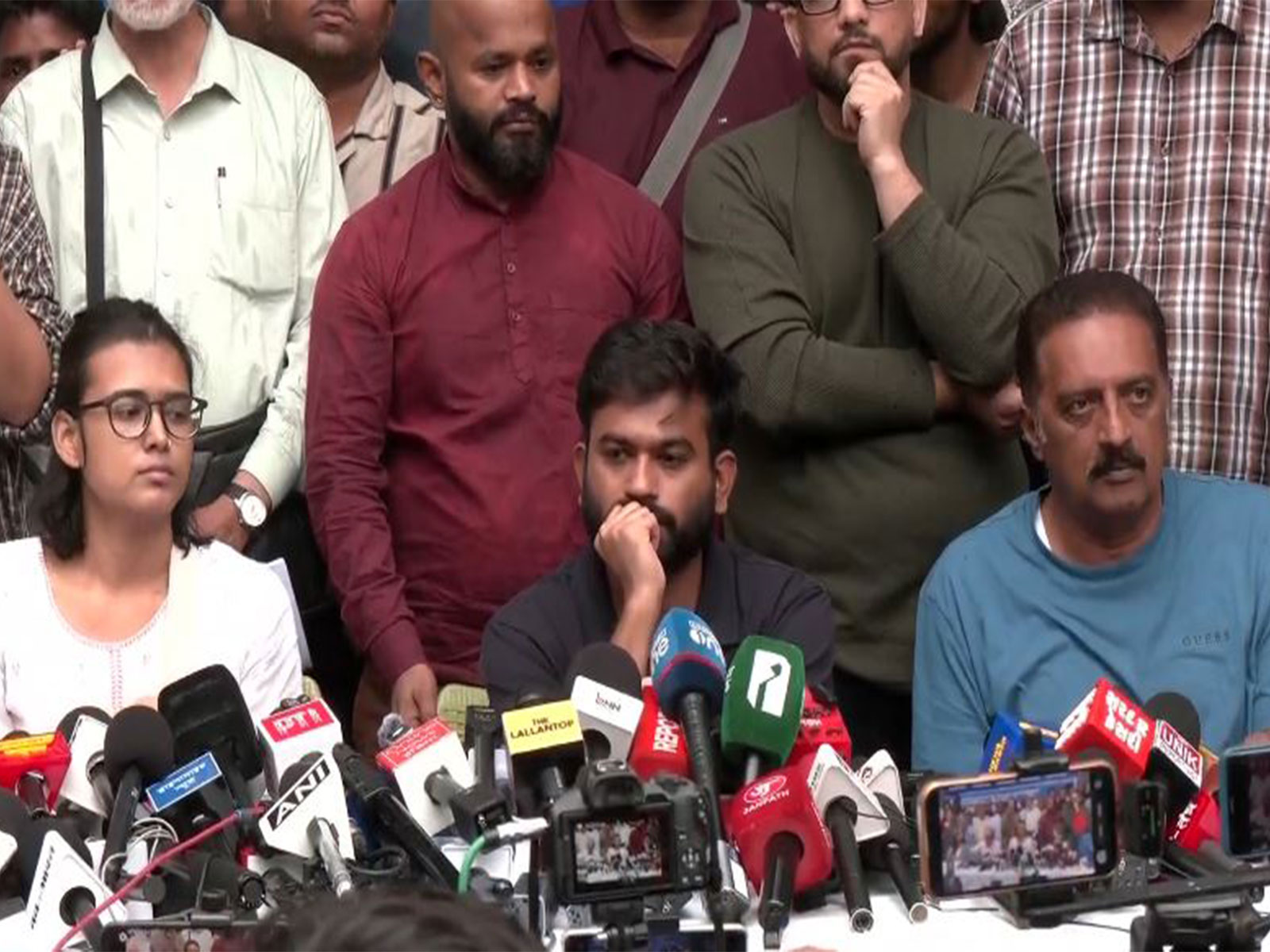 CJP founder Abhijeet Dipke and AISA president Neha Bora and Prakash Raj (Photo/ANI)