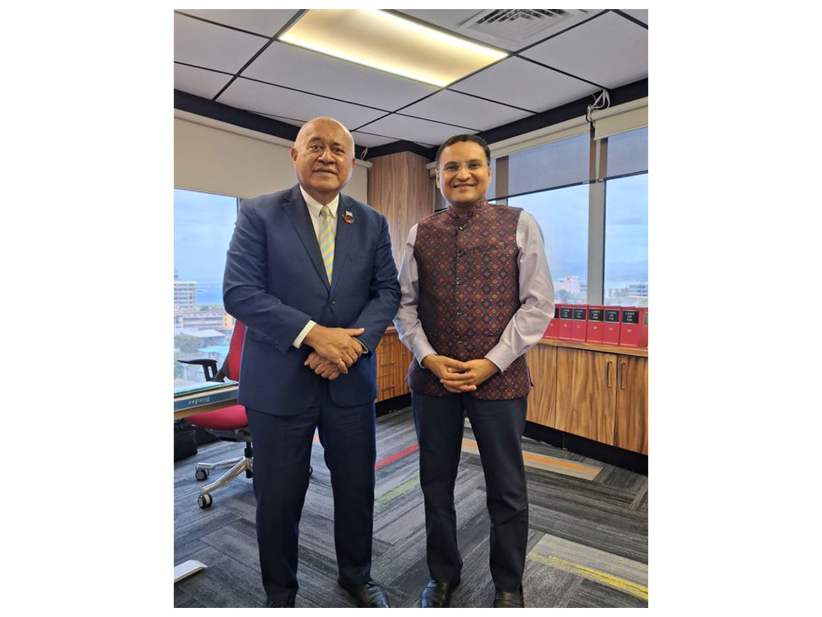 Indian High Commissioner to Fiji Suneet Mehta meets Fiji's Minister for Policing and Communications Ioane Naivalurua (Photo: X/@HCI_Suva)
