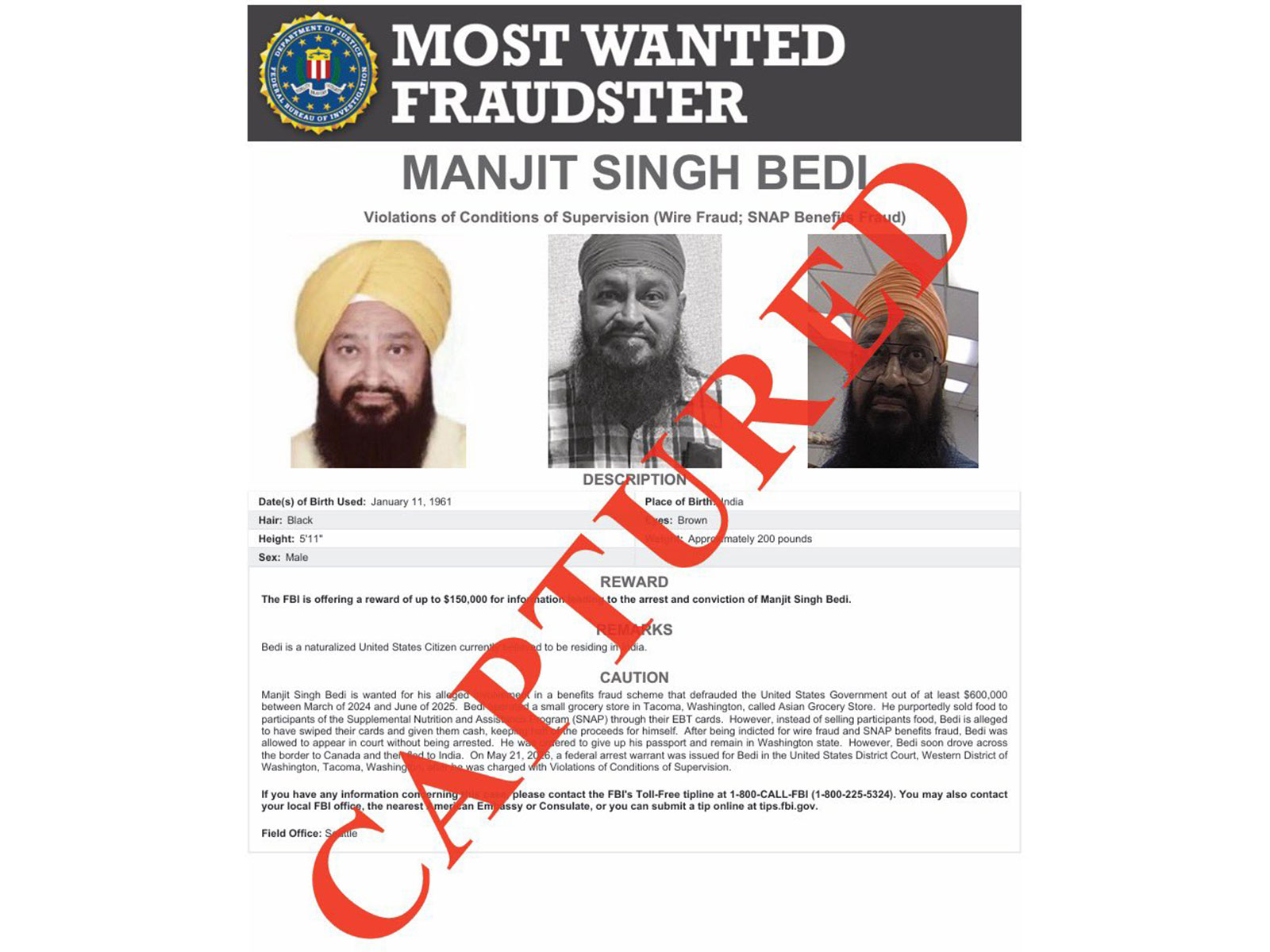 Manjit Singh Bedi, one of the 'FBI’s Most Wanted Fraudsters' (Photo/X/@FBIDirectorKash) Manjit Singh Bedi, one of the 'FBI’s Most Wanted Fraudsters' (Photo/X/@FBIDirectorKash)