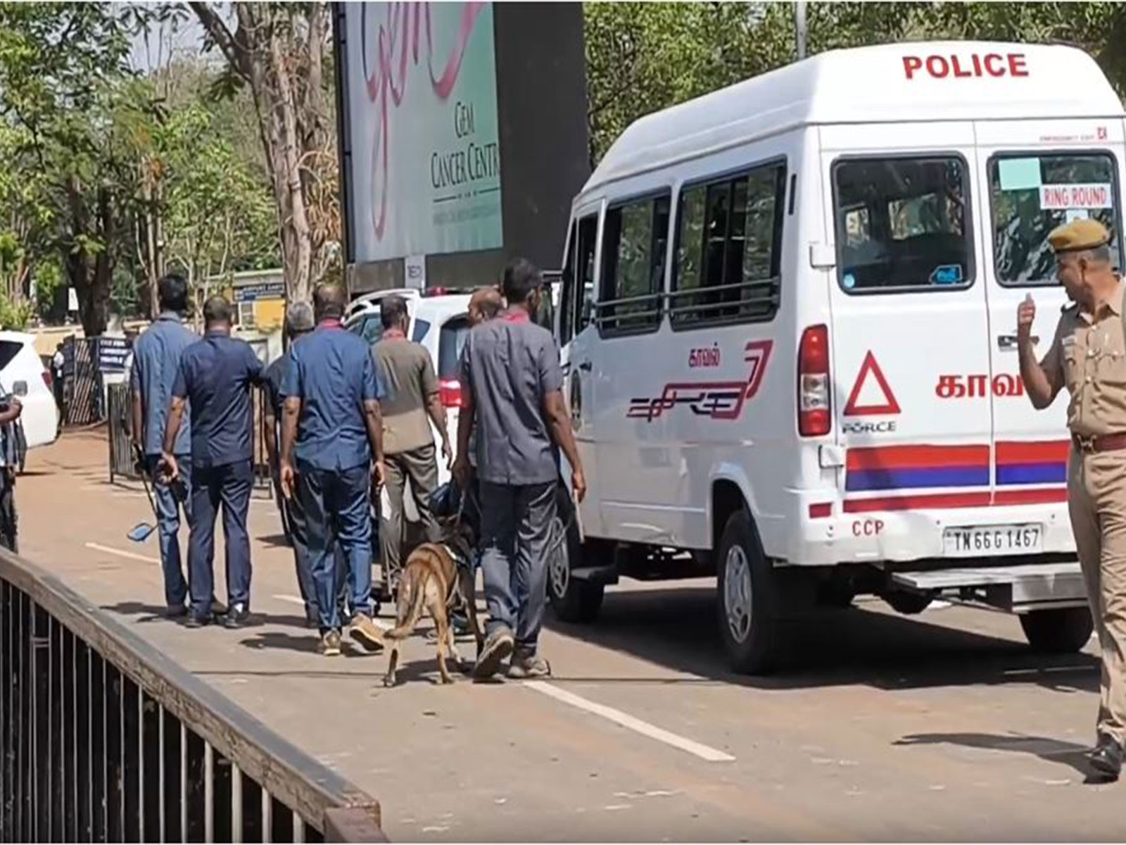 Security personnel deployed outside the Coimbatore airport ahead of Tamil Nadu Chief Minister Vijay's arrival (Photo/ANI)