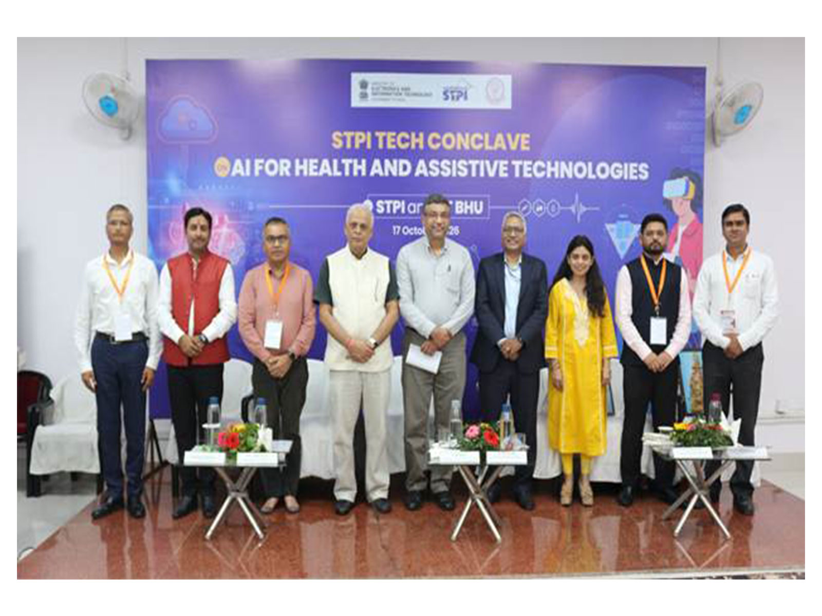 Dignitaries on the dais during the Tech Conclave on “AI for Health & Assistive Technologies” jointly organised by STPI and CIIE at IIT BHU, in Varanasi.  (Photo/Ministry of Electronics & IT)