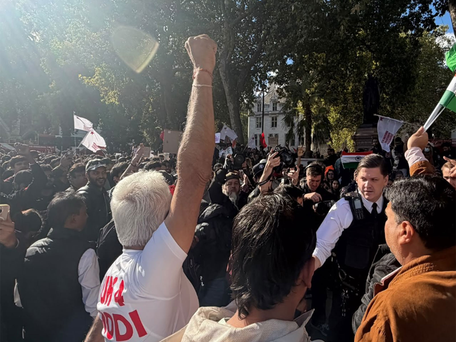 Demonstrators gather at Parliament Square in London amid ongoing protests and counter-protests. (Photo/ANI)
