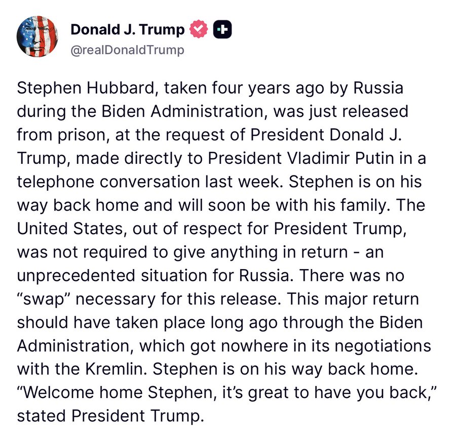 Trump terms “no swap” release of US citizen Stephen Hubbard from Russia&hellip;