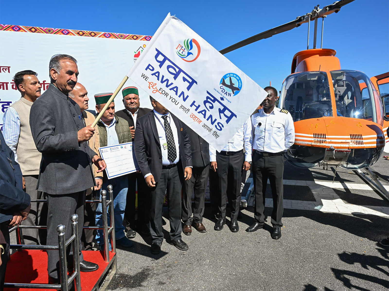 Himachal Pradesh Chief Minister Sukhvinder Singh Sukhu flags off the launch of the helicopter services (Photo/X/(@SukhuSukhvinder)