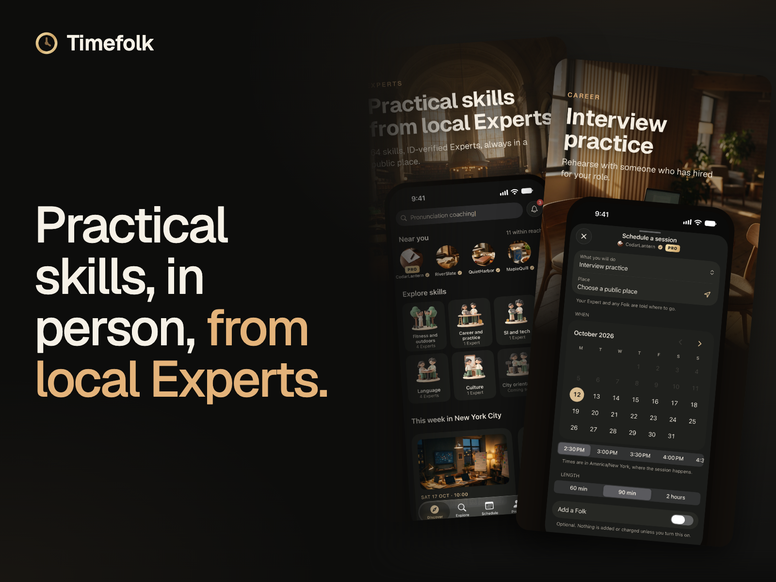 The Timefolk app: choose a skill, see Experts nearby and schedule a session in a public place. The Timefolk app: choose a skill, see Experts nearby and schedule a session in a public place.