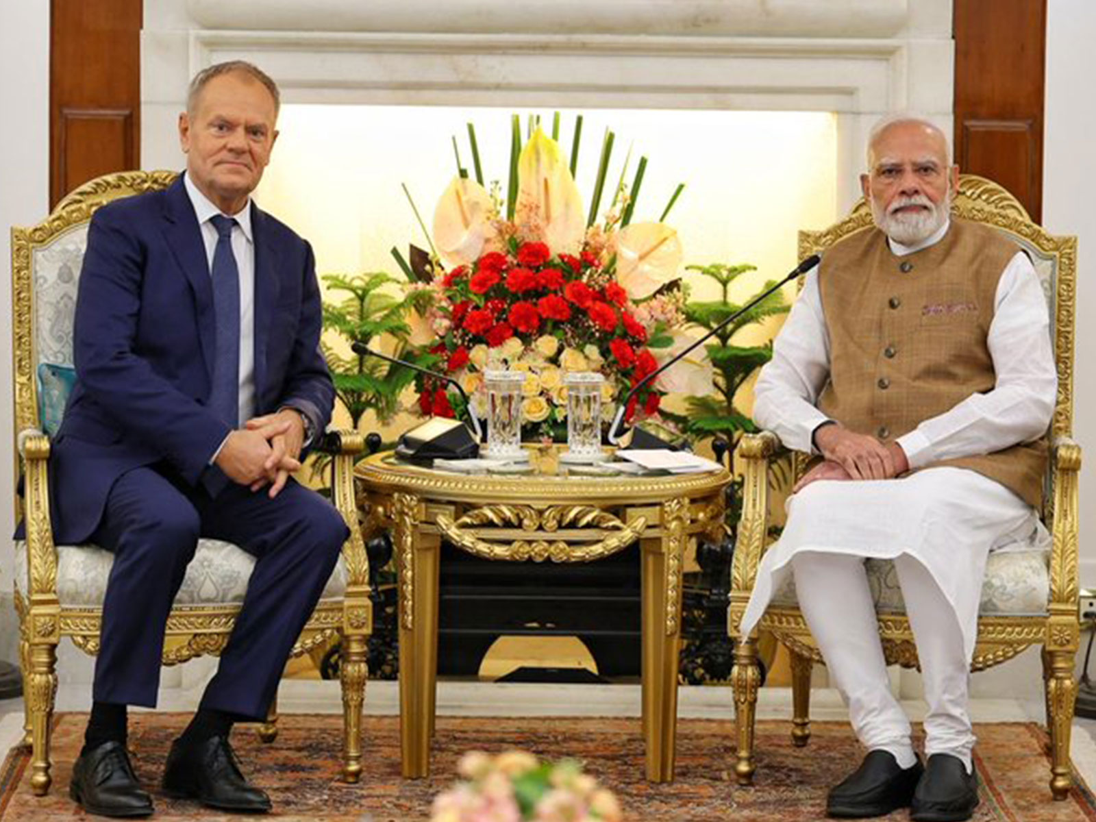 Prime Minister Narendra Modi with his Polish counterpart Donald Tusk during their meeting at Hyderabad House in New Delhi on Thursday. (Photo: X/@MEAIndia)