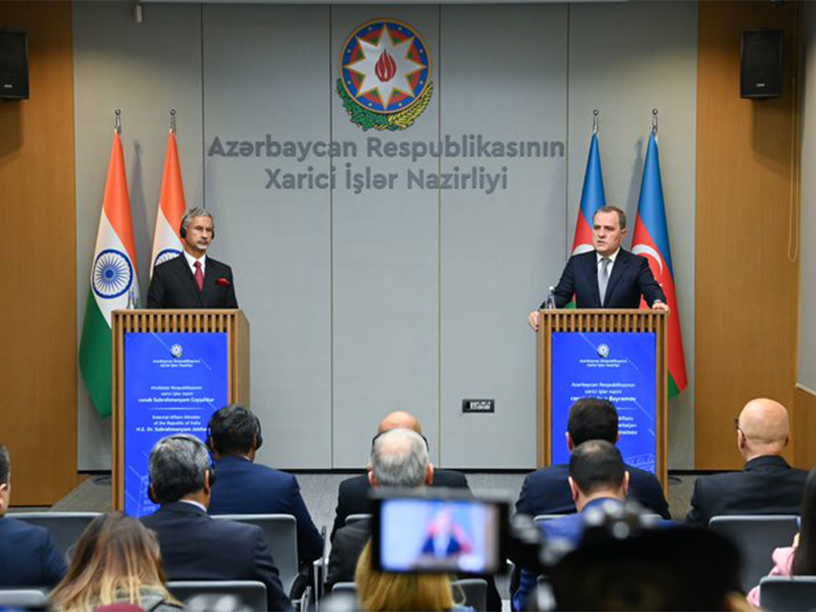 External Affairs Minister S Jaishankar and Azerbaijani Foreign Minister Jeyhun Bayramov during a joint press conference following their meeting in Baku. (Photo: X/@AzerbaijanMFA)