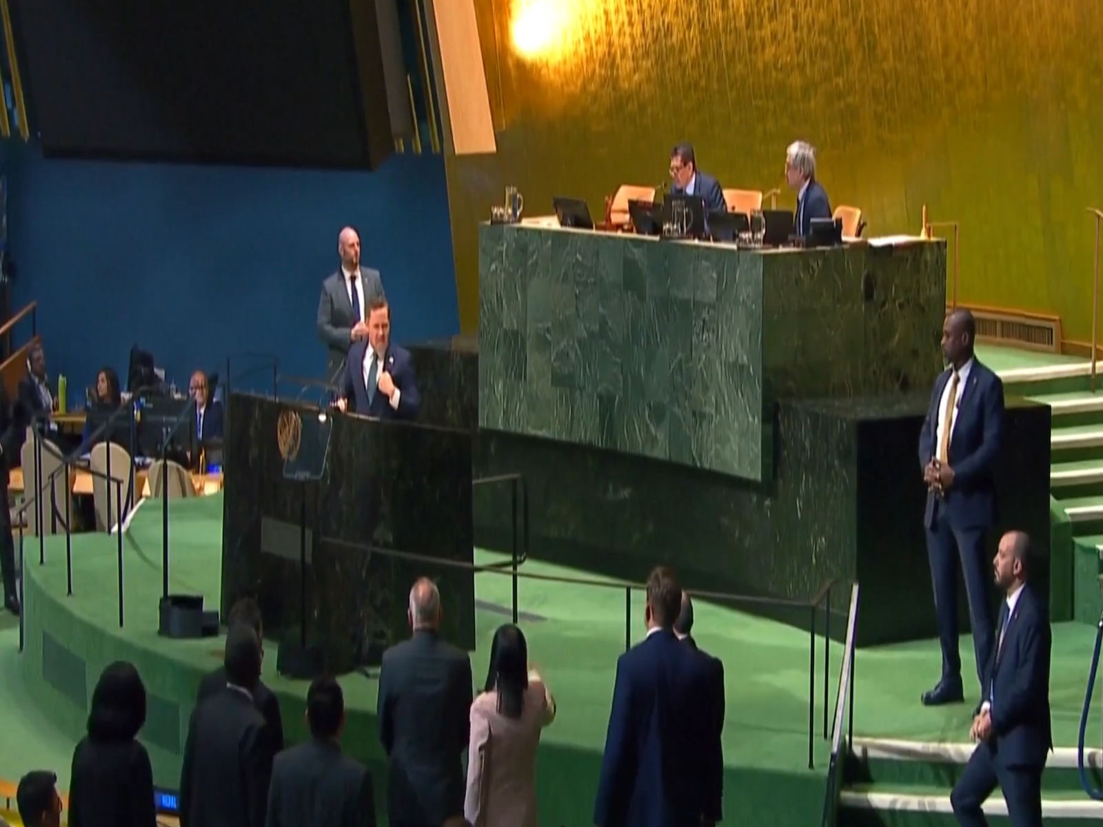 US Ambassador to the United Nations Mike Waltz at the podium during his heated exchange with Cuban Foreign Affairs Minister Bruno Rodríguez Parrilla at the UN General Assembly Hall. (Image Source: UNTV)