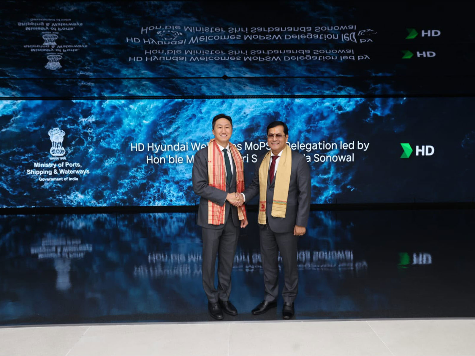 Union Minister of Ports, Shipping and Waterways, Sarbananda Sonowal, meets Chairman of HD Hyundai, Chung Ki-sun in Seoul (Photo/ANI) Union Minister of Ports, Shipping and Waterways, Sarbananda Sonowal, meets Chairman of HD Hyundai, Chung Ki-sun in Seoul (Photo/ANI)