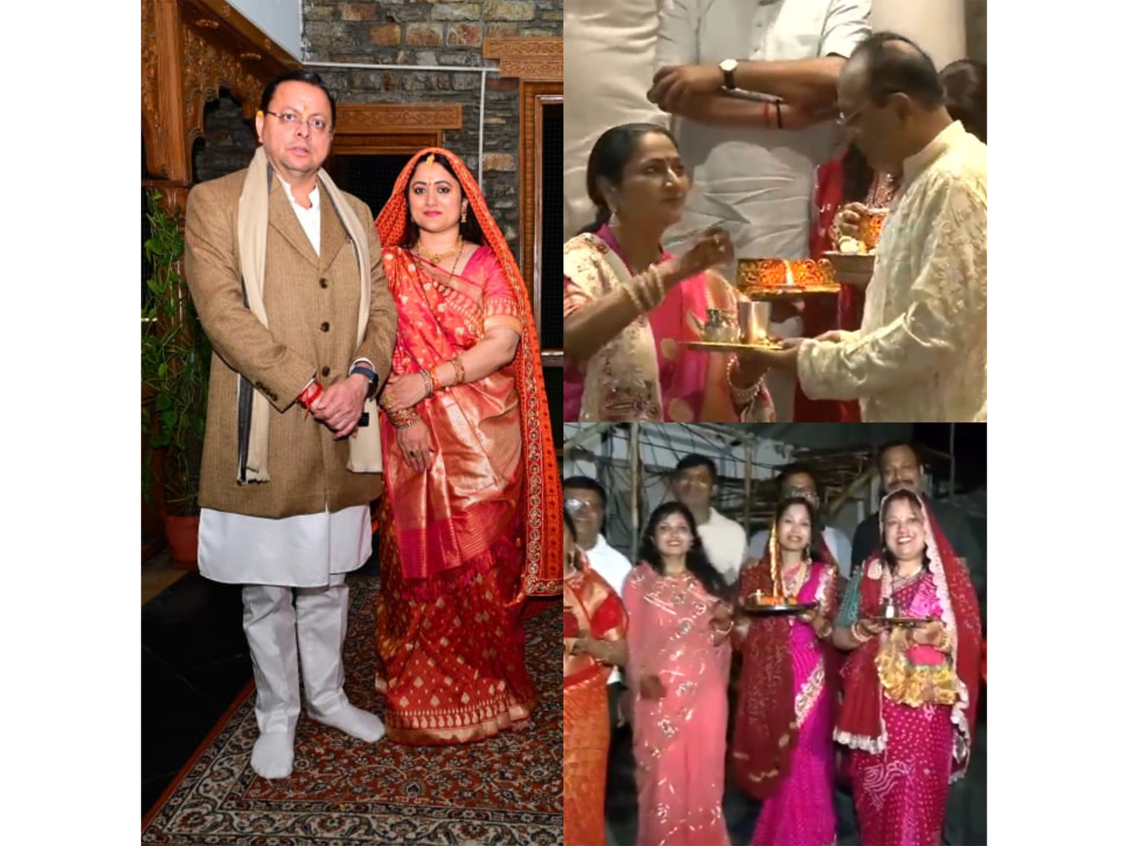 Uttarakhand CM Pushkar Dhami with wife, Delhi CM Rekha Gupta with husband, and women celebrating Karwa Chauth (Photo/ANI)
