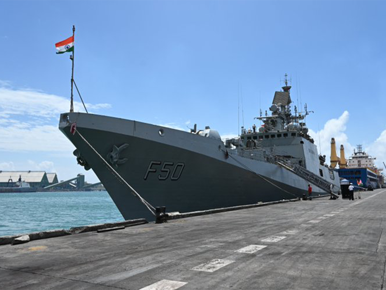 Indian Naval Ship (INS) Tarkash berthed at Port Louis, Mauritius. (Photo: X/@indiannavy)