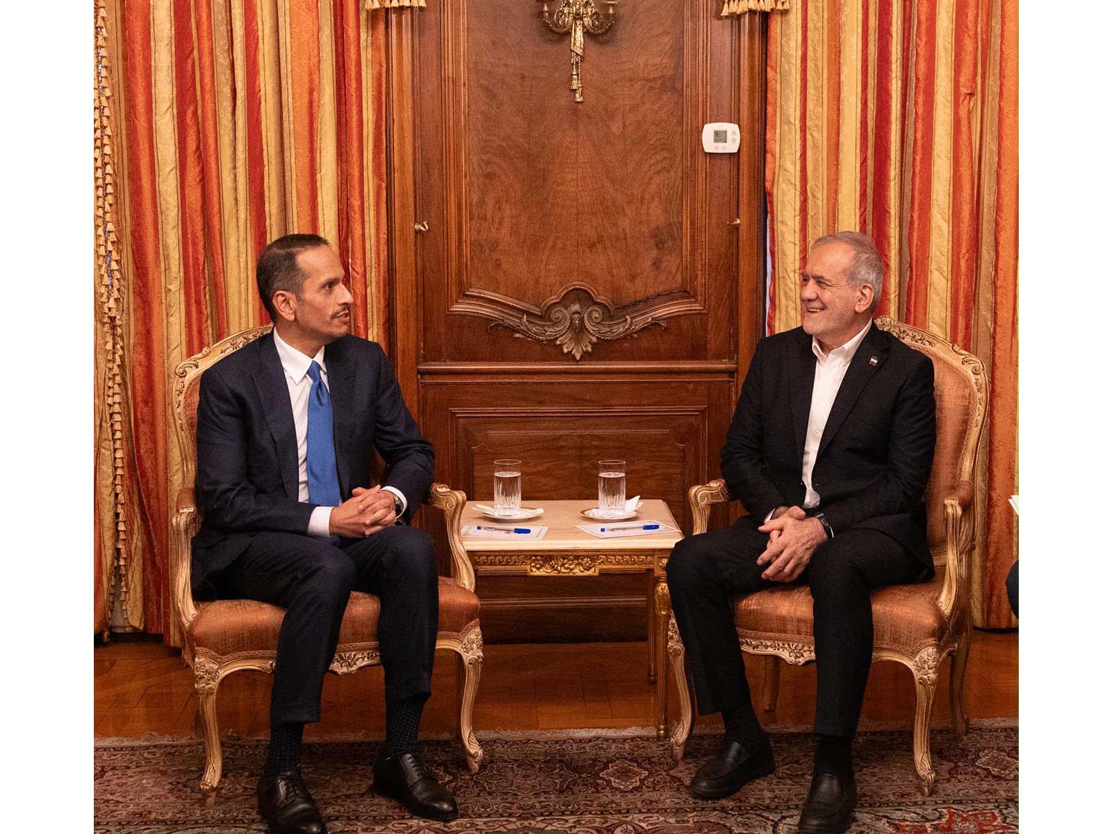 Qatari Prime Minister Mohammed bin Abdulrahman bin Jassim Al-Thani meets Iranian President Masoud Pezeshkian (File Photo/X/@MofaQatar_EN)